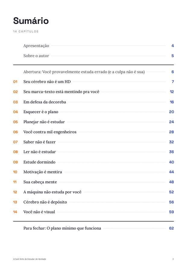 Amostra: sumário com os 14 capítulos